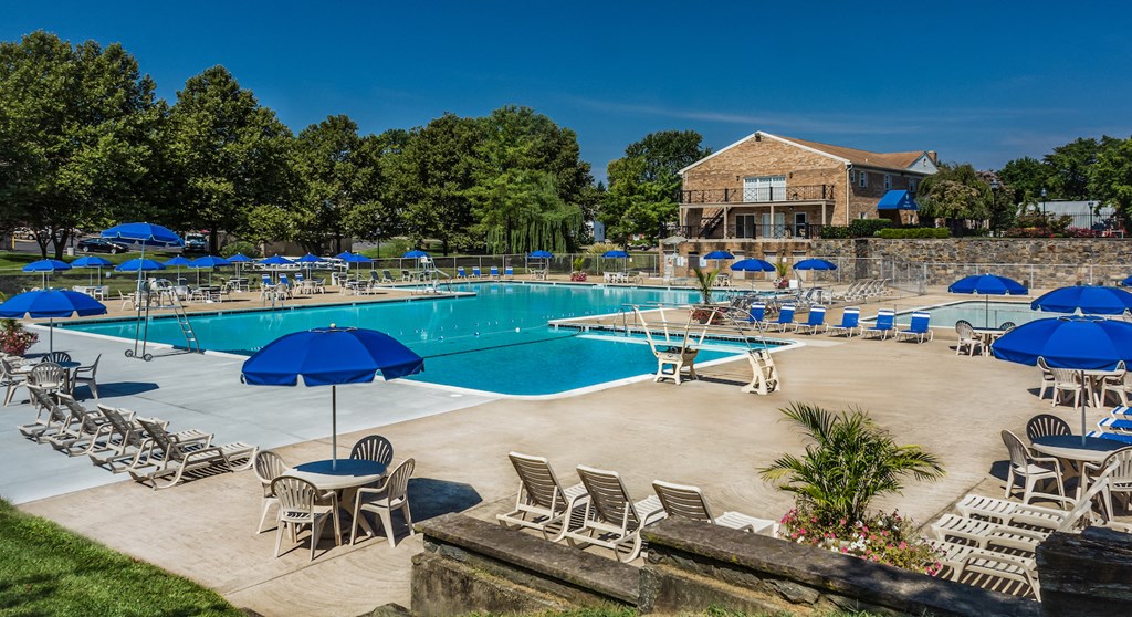 a swimming pool with chairs and umbrellas at the resort