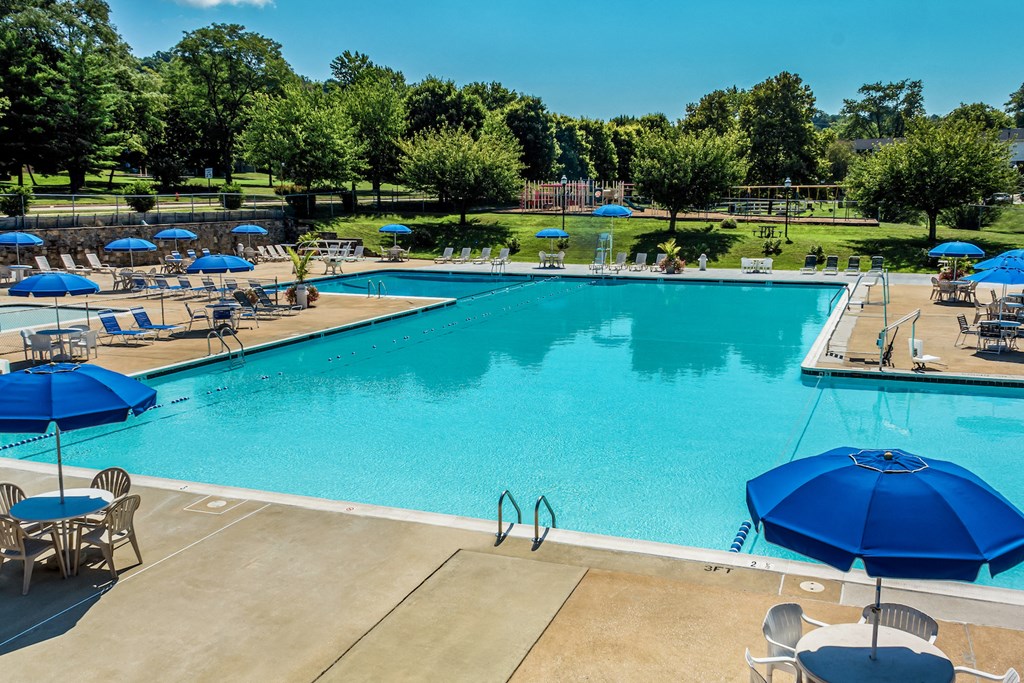 a swimming pool with umbrellas and chairs around it