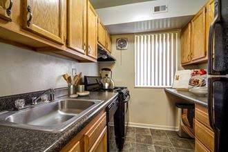 a kitchen with a sink and a stove and a window
