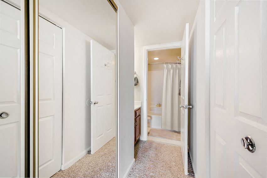 a corridor with white doors leading to a bathroom and a closet