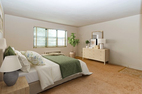 a bedroom with a bed and a dresser and a window