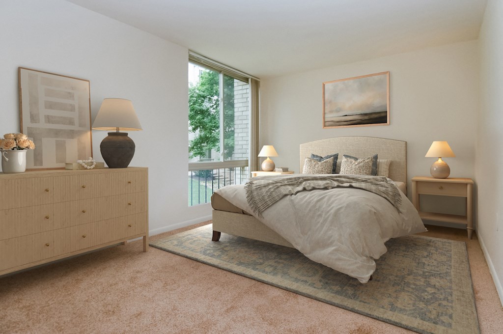 a bedroom with a bed and a dresser and a window