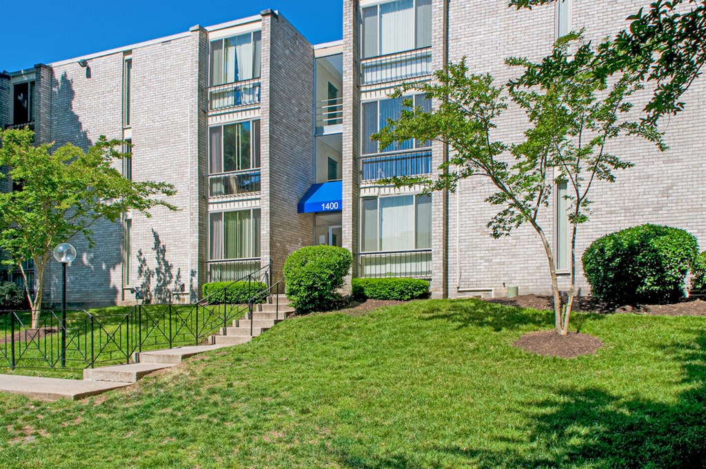 our apartments offer a green lawn and a tree in front of our building