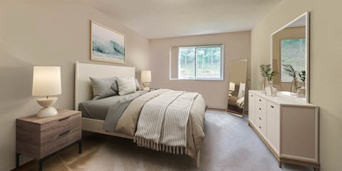 a bedroom with a bed and a dresser and a window