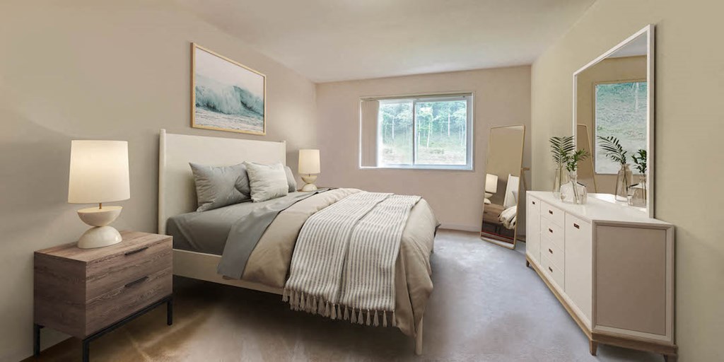 a bedroom with a bed and a dresser and a window