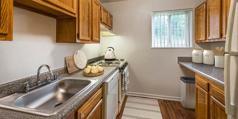 a kitchen with a sink and a stove and a window