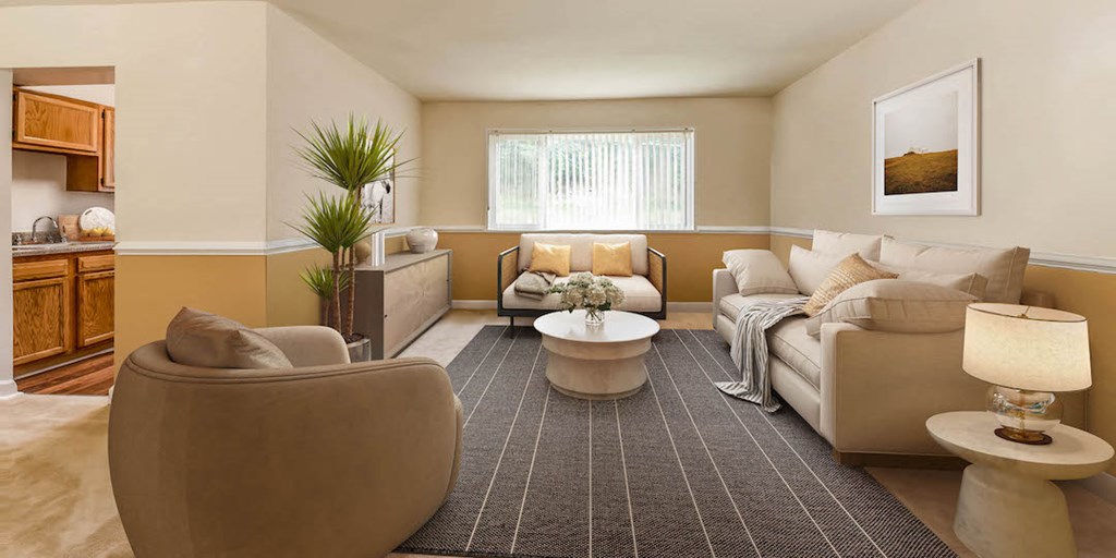 a living room with a couch and a table