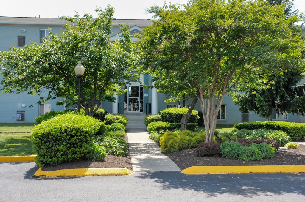 a building with a sidewalk and trees in front of it