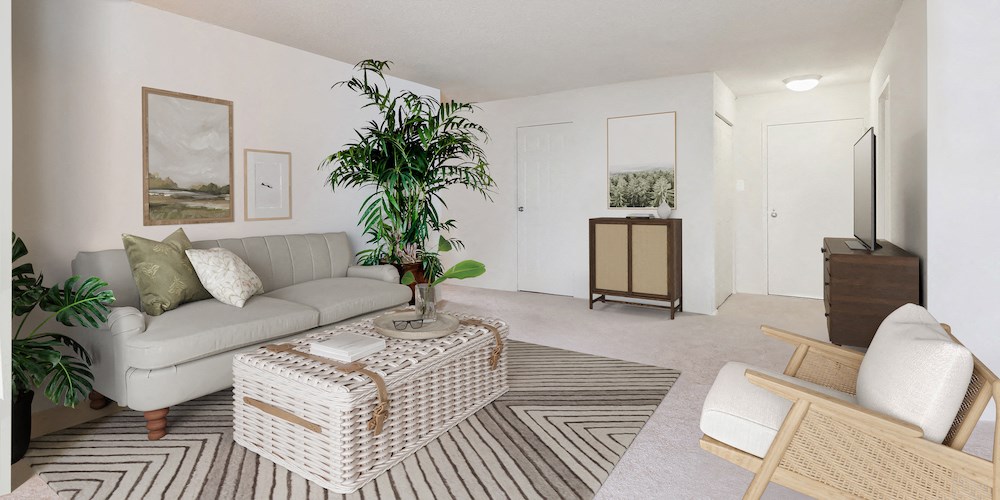 a living room with a couch and a coffee table