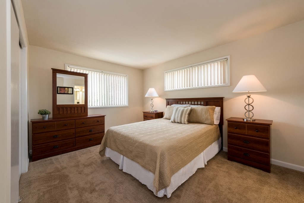 a bedroom with a bed and two dressers