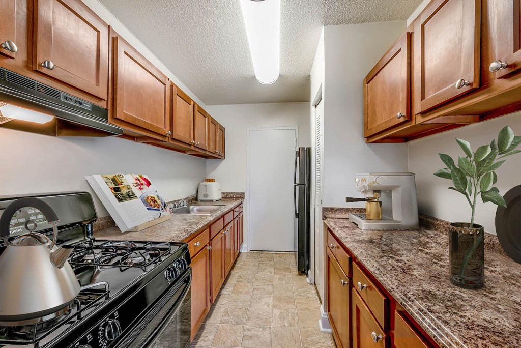 our apartments feature a kitchen with a stove and refrigerator
