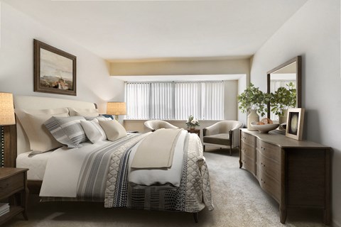 a bedroom with a bed and a chair and a dresser