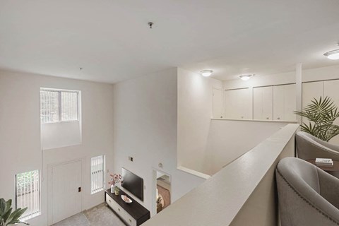 the living room of an apartment with a couch and a television