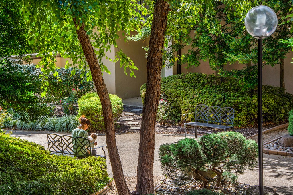 a woman sitting on a chair in a garden
