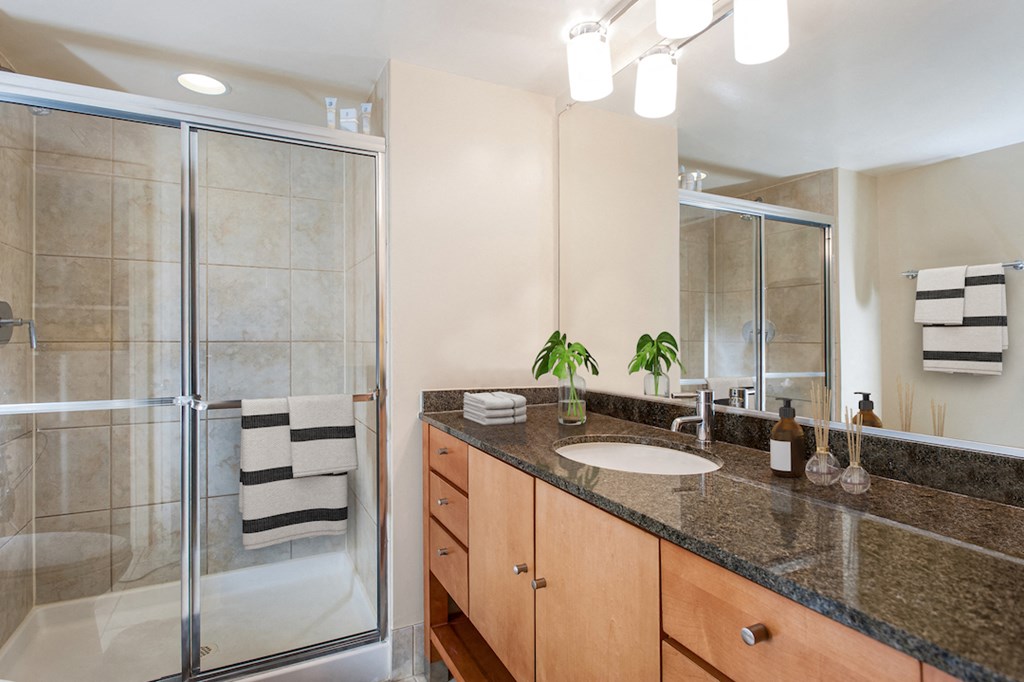 a bathroom with a sink and a shower