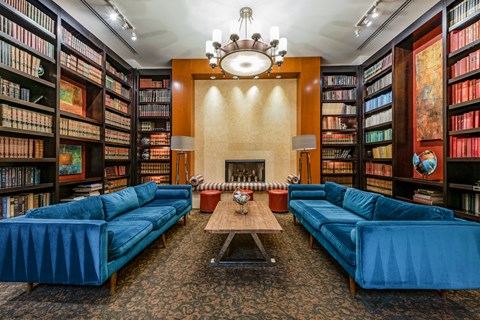 a library with blue couches and a fireplace