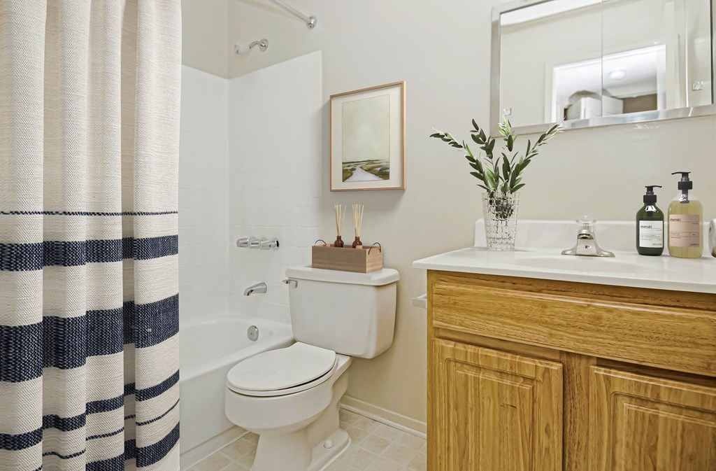 a bathroom with a shower curtain and a toilet and a sink