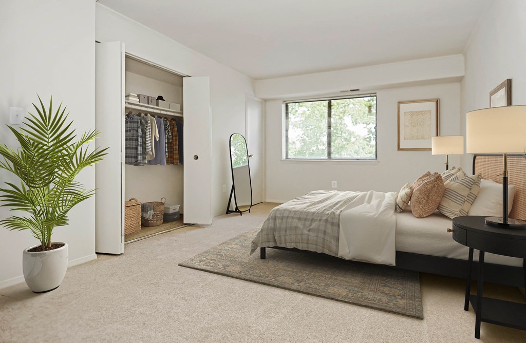 a bedroom with a bed and a closet