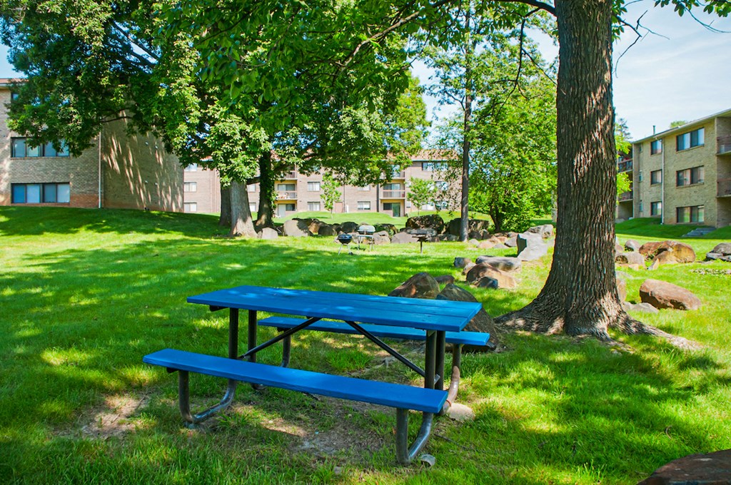 a blue picnic table in a park next to a tree
