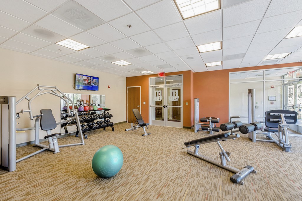 a gym with weights and other exercise equipment in a room with a door