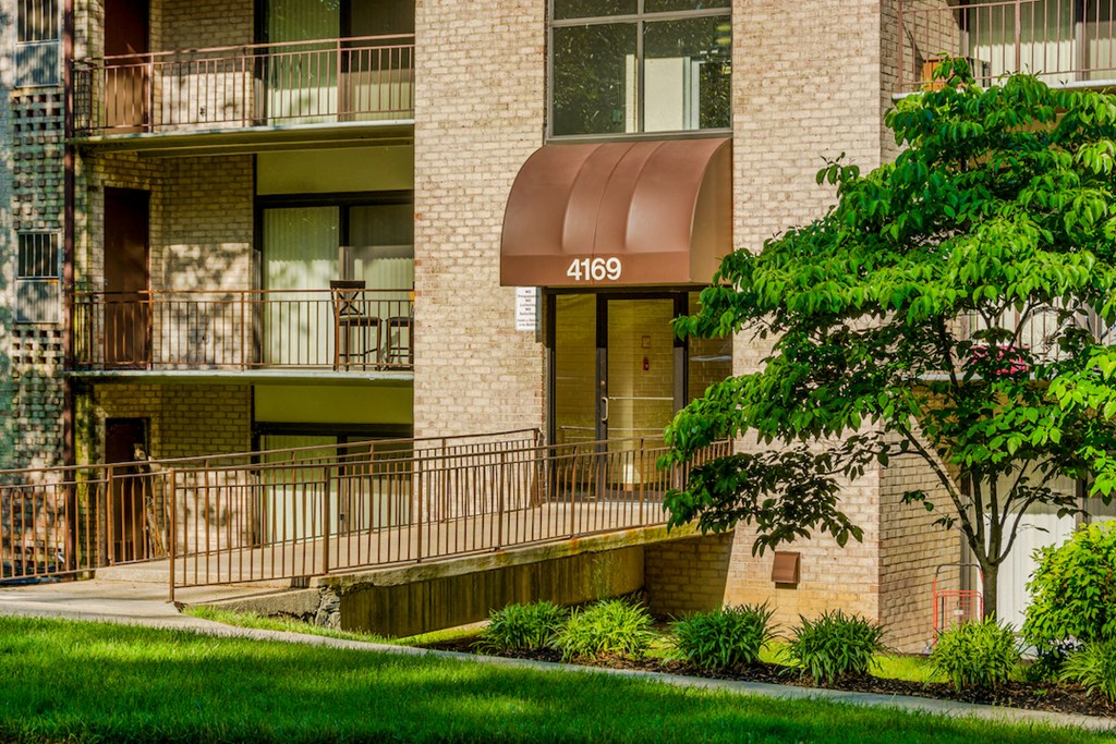 a building with awnings and a tree in front of it