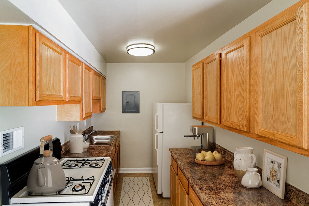 a kitchen with a stove and a refrigerator
