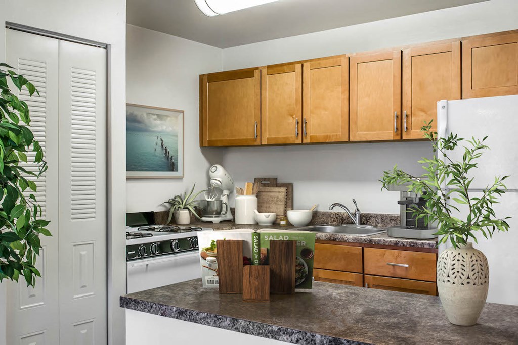 a kitchen with a counter top and a refrigerator