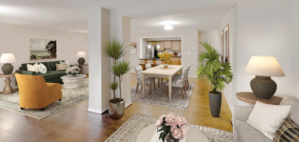 a living room and dining room with a table and chairs