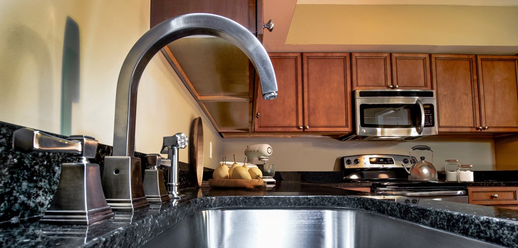 a kitchen with a sink and a chrome faucet