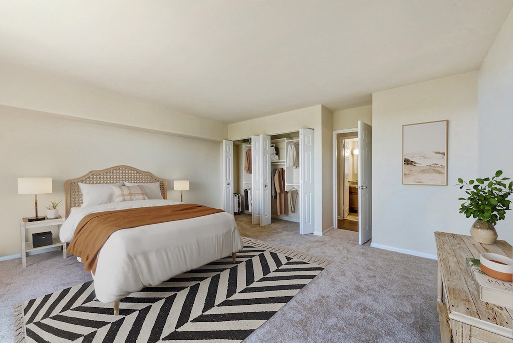 a bedroom with a bed and a rug