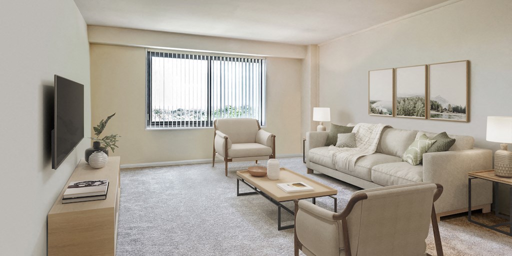 a living room with a couch and chairs and a television
