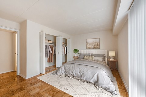 a bedroom with a bed and a closet