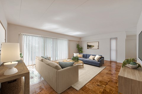 a living room with two couches and a table