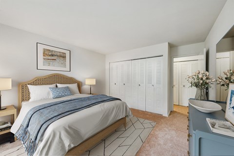 a bedroom with a bed and a sink and a closet