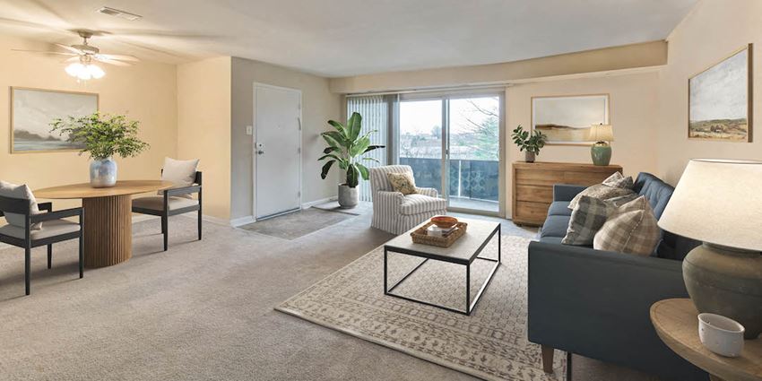a living room with a couch and a table