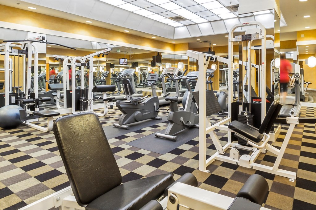 a gym with weights and cardio equipment on a checkered floor