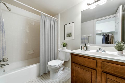 a bathroom with a toilet sink and shower and a mirror