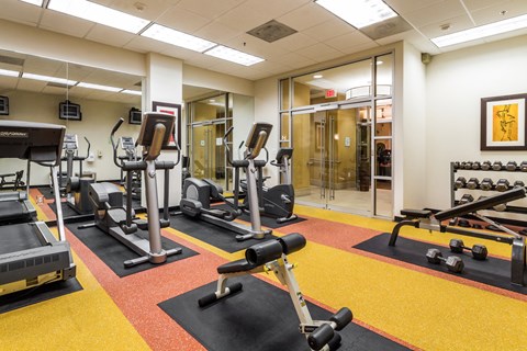 a fitness center with weights and other exercise equipment in a building