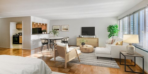 a living room with a couch and a chair and a kitchen with a table