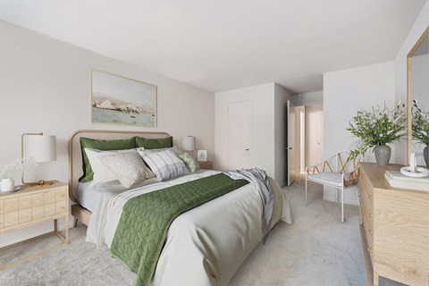 a bedroom with a bed and a dresser and a window