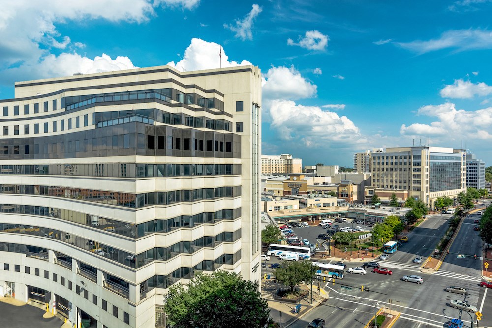 an aerial view of an office building in the city