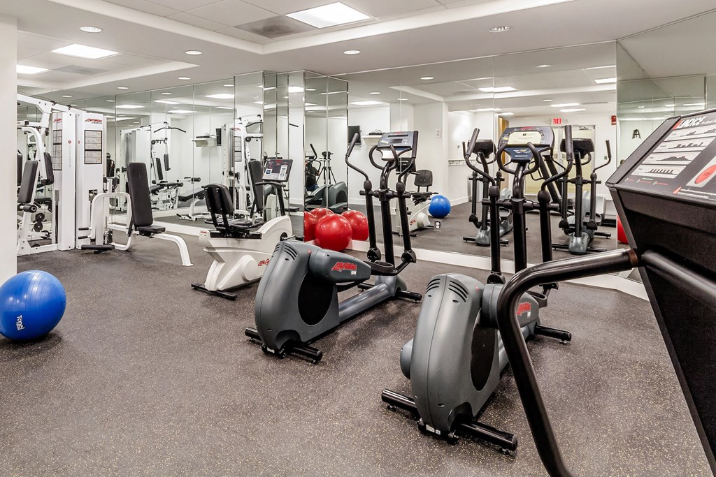 a gym with cardio equipment and weights on the floor