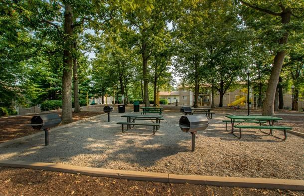 a park with picnic tables and barbecue pits