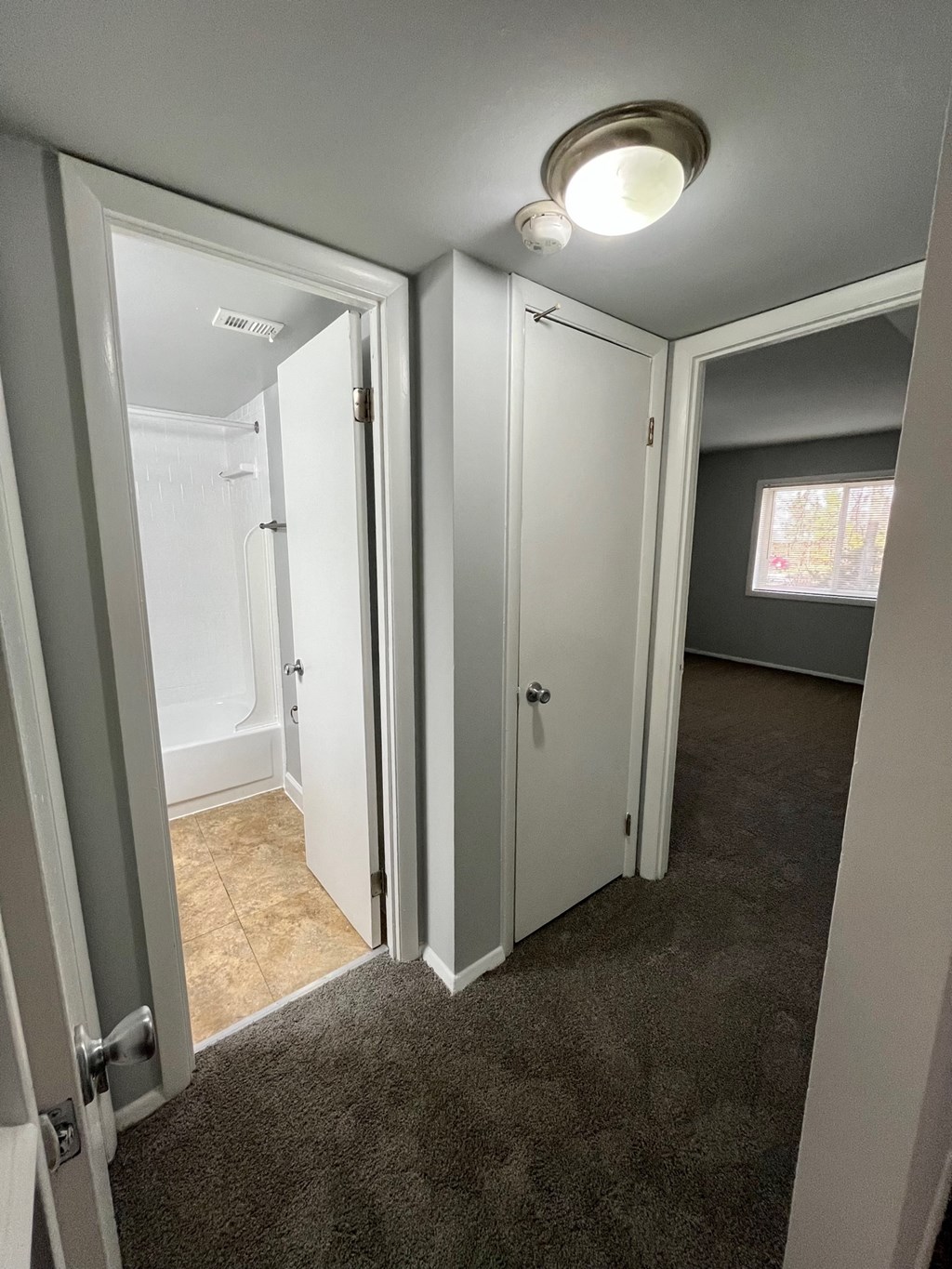 a view of a hallway with two closets and a door to a bathroom