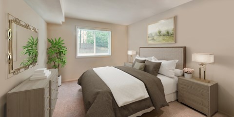 a bedroom with a bed and a dresser and a window