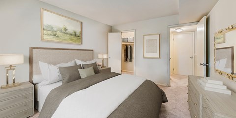 a bedroom with a large bed and a closet