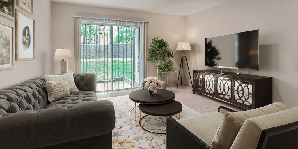a living room with a couch and a table and a television
