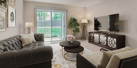 a living room with a couch and a table and a television