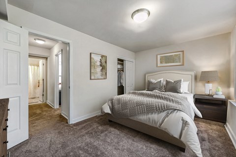 a bedroom with a bed and a closet