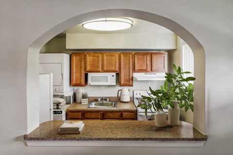 a kitchen with wooden cabinets and a granite counter top